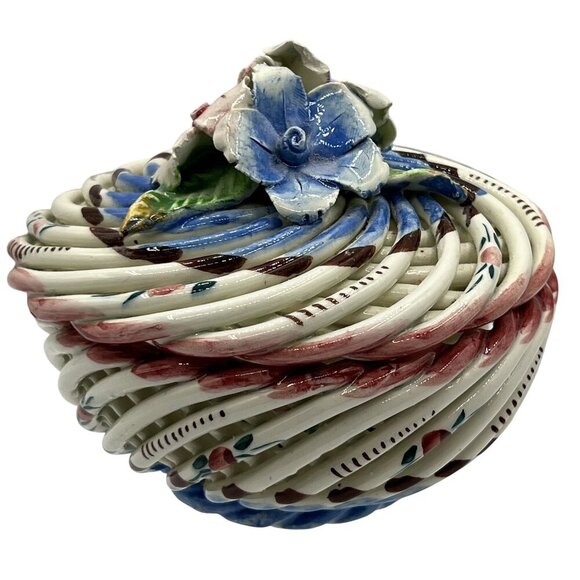 Vtg Hand Painted Spanish Porcelain Trinket Box Twig Style Basket Bloomcore Spain - Picture 8 of 13